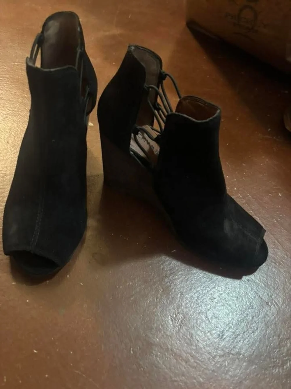 Women’s Black Suede Peep-Toe Wedge Booties